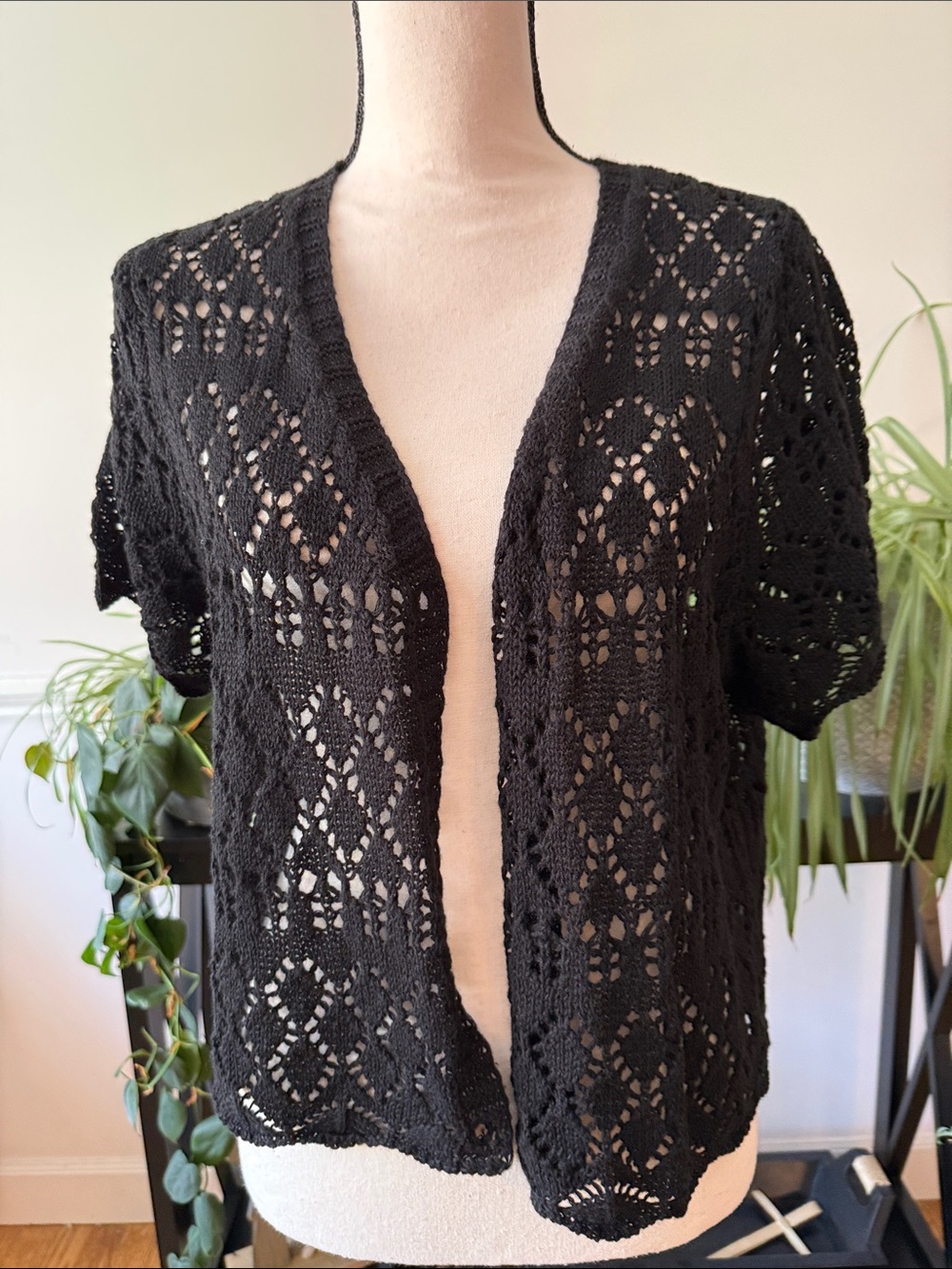 Jessica London Black Openwork Short-Sleeve Cardigan